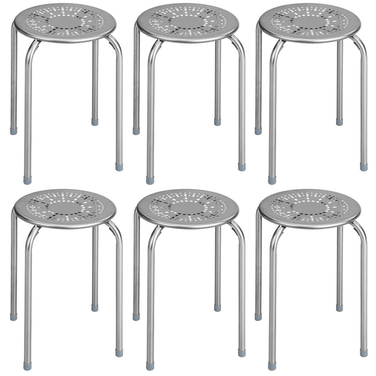 Set of 6 Stackable Multifunctional Daisy Design Backless Round Metal Stool Set